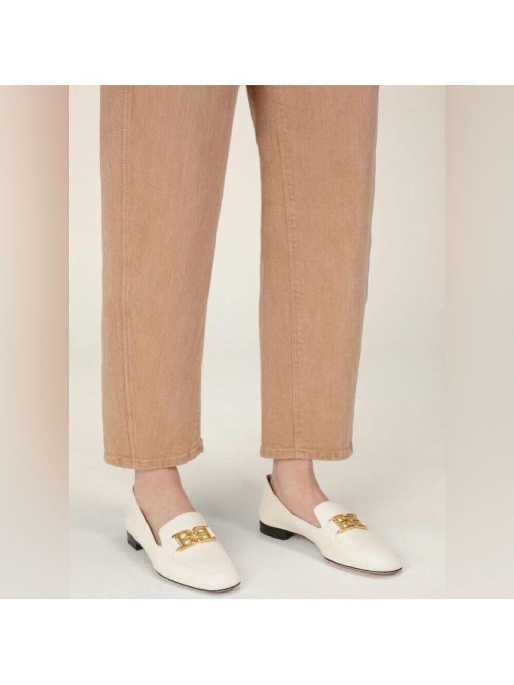 NIB Bally Ella Flat Square Toe Slip On Leather Loafers in Bone